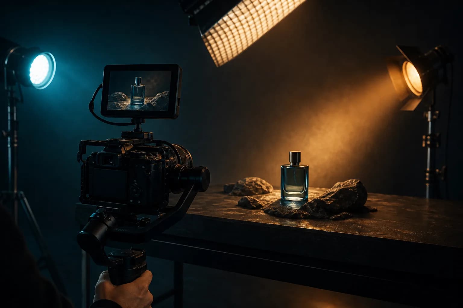 Cinema camera filming a lit product set