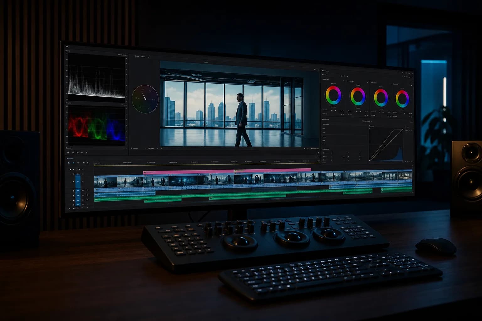 Colour grading suite with an edit timeline on screen