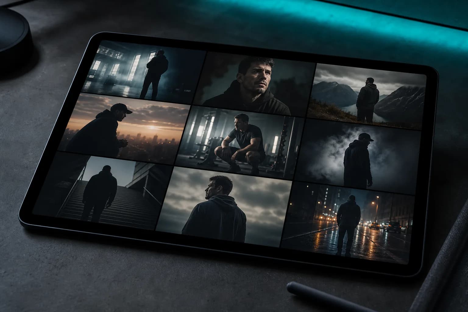 Tablet showing a grid of storyboard frames