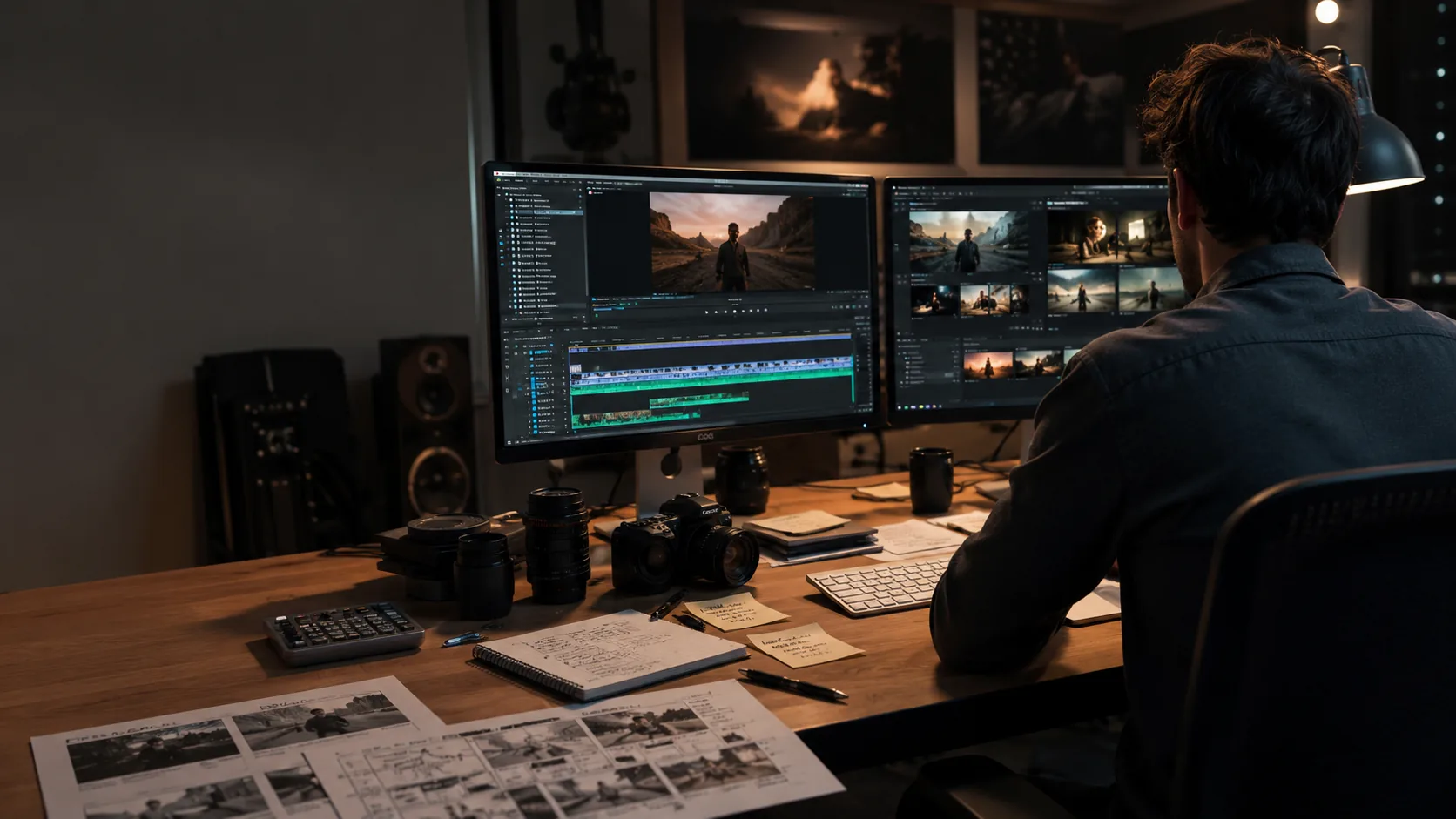 Editor working across two screens in a dimly lit creative studio