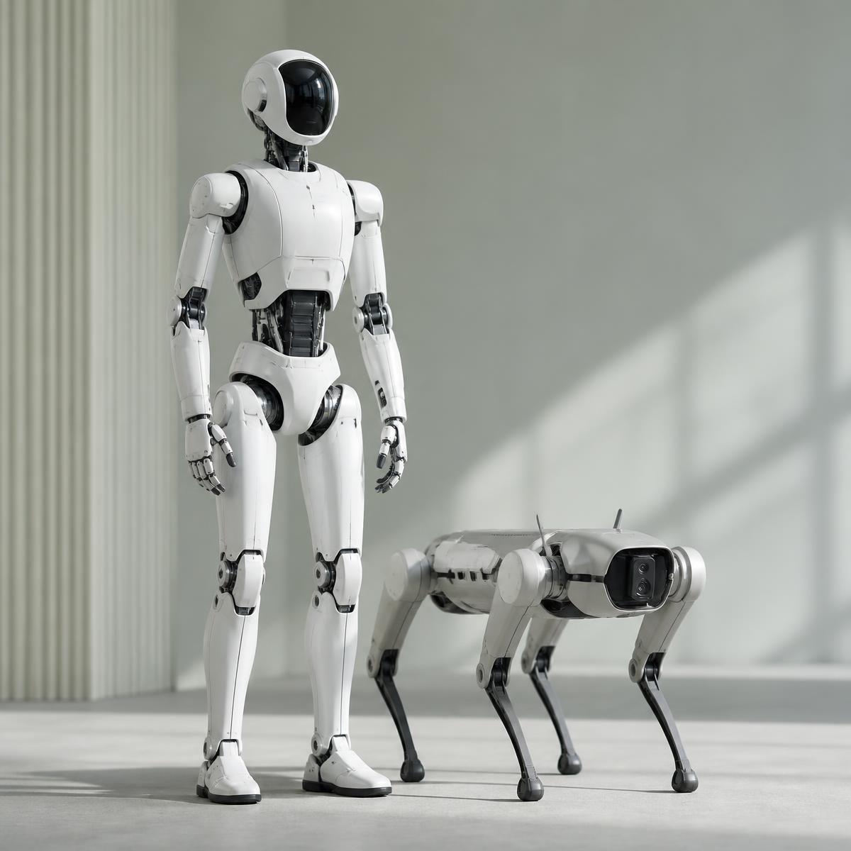 Humanoid robot standing beside a four-legged robot dog